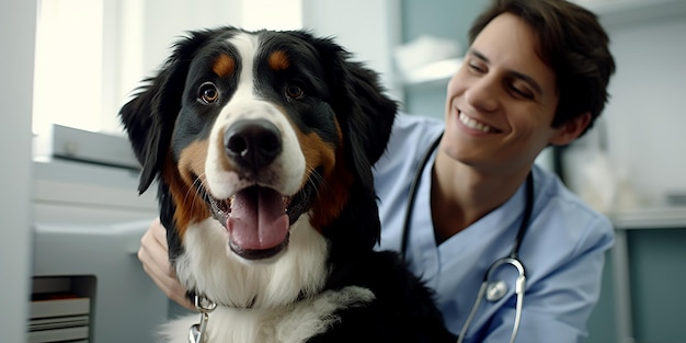 Young Smiling Veterinarian Examining Cute Bernese