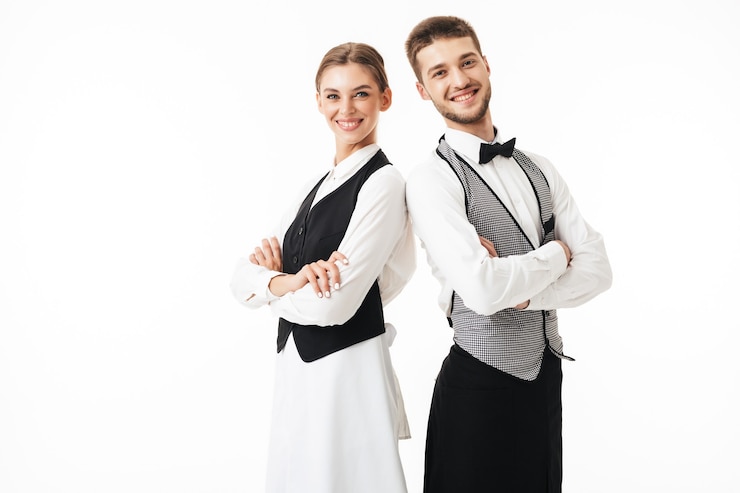 Photo young smiling waiter and waitress in white shirts and vests sstanding back to back while joyfully 