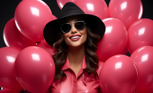 밝은 분홍색 풍선의 배경에 안경과 검은 모자를 입은 미소 짓는 젊은 여성