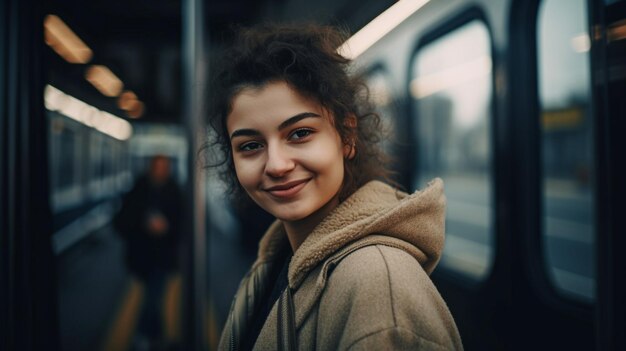 A young smiling woman grips the handle of a public bus Generative AI
