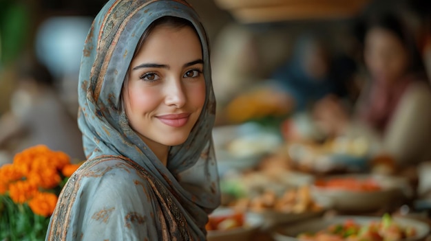 A young smiling woman in hijab against the blurry background of a marketplace Ramadan as a time of fasting and prayer for Muslims