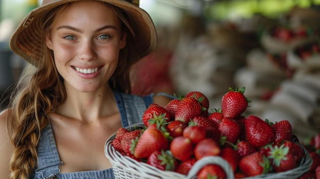 Young Smiling Woman Holding a Basket of Fresh Strawberries