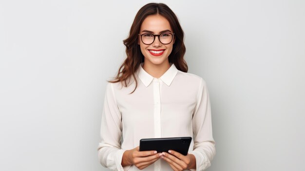 Young smiling woman holding a tablet and standing on a gray background