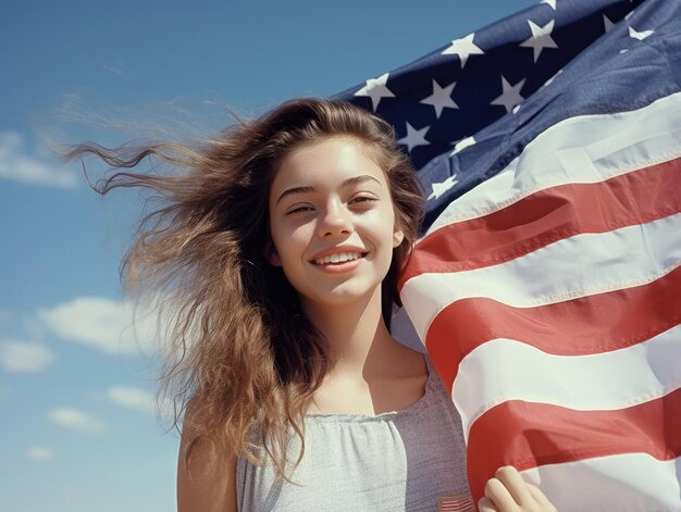 Young smiling woman holding usa flag in her hands on blue sky background