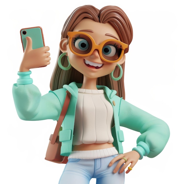 A young smiling woman is taking a selfie with her phone and showing a thumbs up gesture This is a 3D modern people character illustration in a cartoon minimalist style