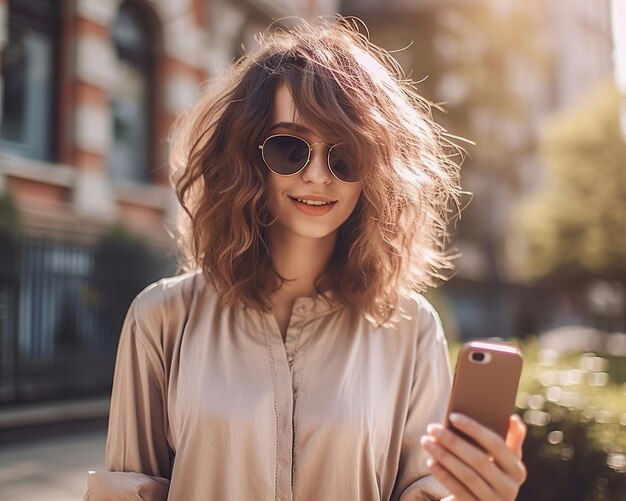 Young smiling woman making selfie on smartphone Generative AI