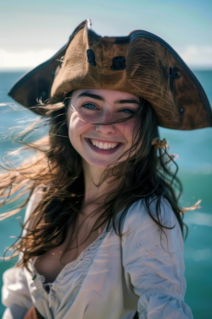 A young smiling woman pirate in a hat against an ocean backdrop with windswept hair