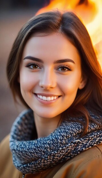 Young smiling Woman portrait bonfire picnic night