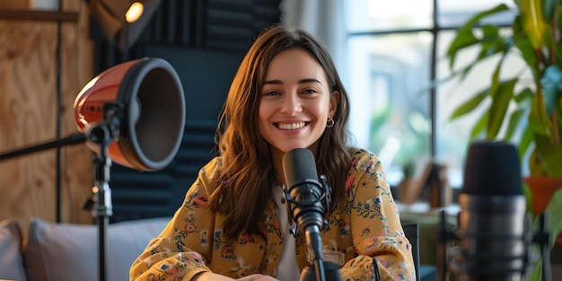 Young smiling woman recording podcast in cozy studio setup casual youthful podcast host engaging audience home broadcasting scene AI