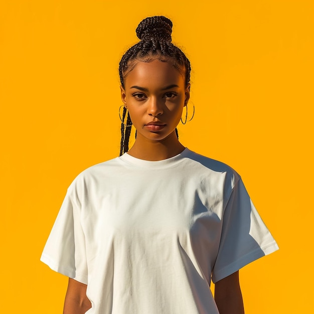 Young smiling woman standing with hands in pockets wearing blank white tshirt with copy space isolated on yellow background