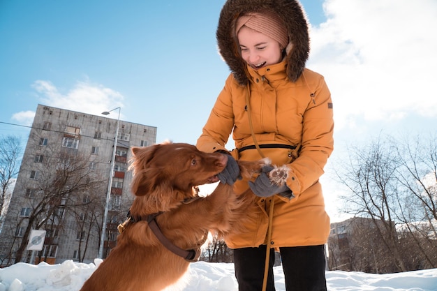 Young smiling woman walking and playing with toller dog in city in winter day