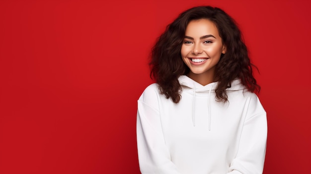 Young smiling woman wearing blank white hoodie isolated on a red background