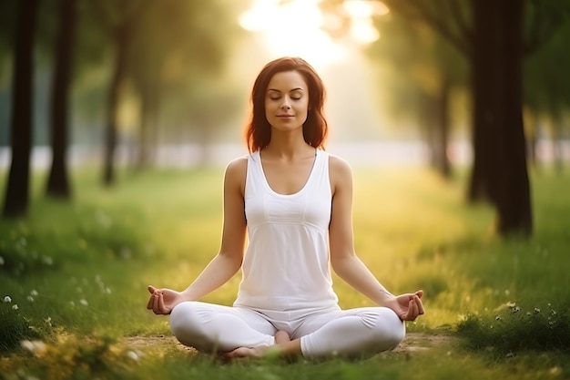 Young smiling women practicing yoga in the park on the lawn