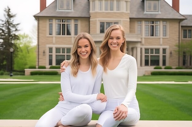 Photo young smiling women practicing yoga in the park on the lawn