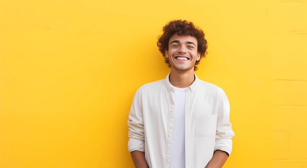 Photo young smiling young man standing on yellow background