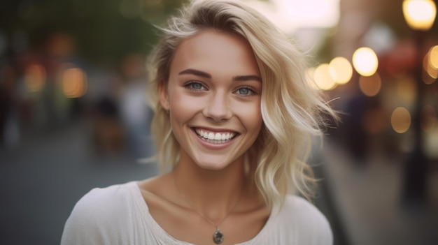 Young smilling blonde woman posing on soft blur background Generative AI