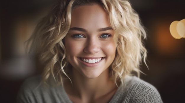 Young smilling blonde woman posing on soft blur background Generative AI