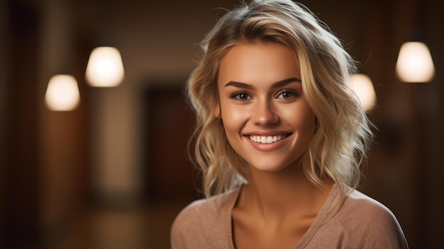 Young smilling blonde woman posing on soft blur background Generative AI