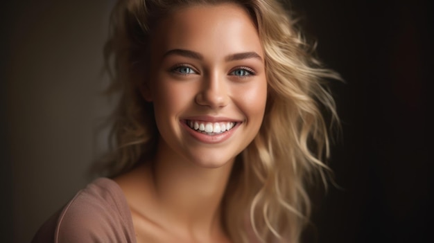 Young smilling blonde woman posing on soft blur background Generative AI