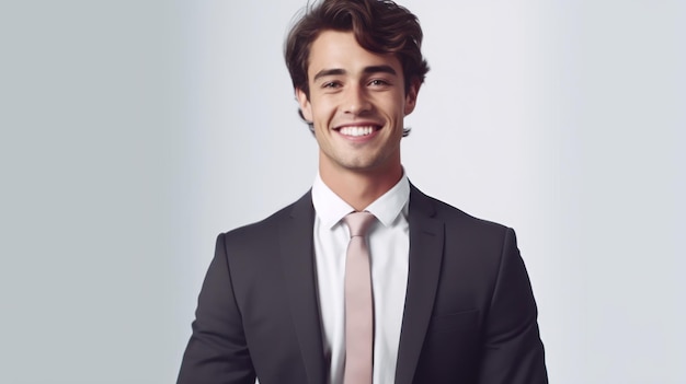 柔らかい色の背景にポーズをとる若い笑顔のビジネスマン