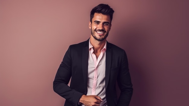 Young smilling business man posing on soft color background Generative AI