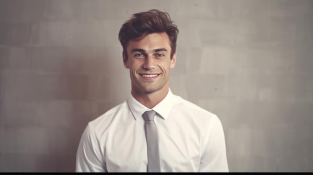 Young smilling business man posing on soft color background Generative AI