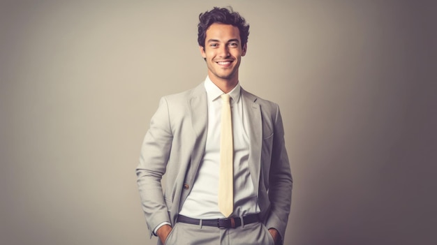 Young smilling business man posing on soft color background Generative AI