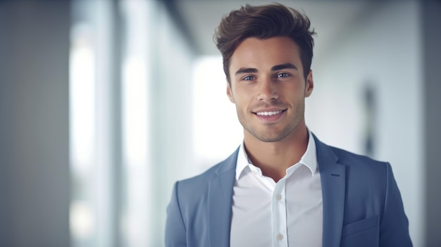 Молодой улыбающийся деловой человек позирует на мягком цветном фоне Генеративный ИИ