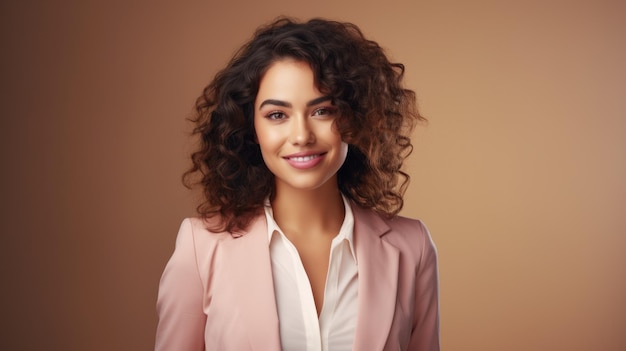 Young smilling business woman posing on soft color background Generative AI