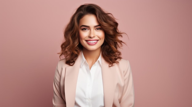 Young smilling business woman posing on soft color background Generative AI