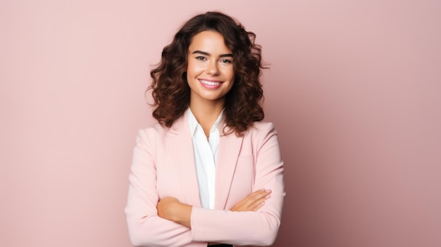 Young smilling business woman posing on soft color background Generative AI