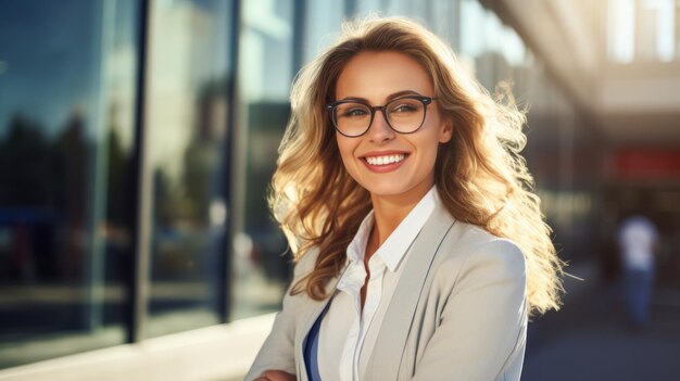 Young smilling business woman posing on soft color background