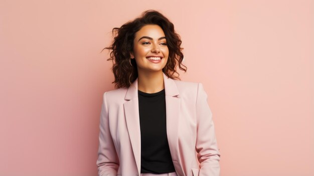 Молодая улыбающаяся деловая женщина позирует на мягком цветном фоне