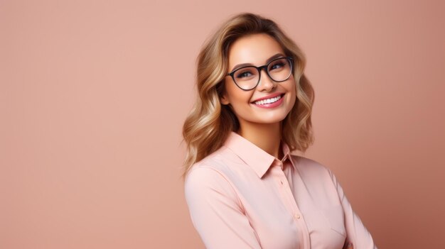 Young smilling business woman posing on soft color background