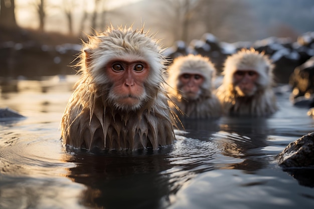 Photo young snow monkeys sit in a hot spring in winter