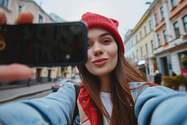 A young social media influencer travel blogger with a camera in an urban city