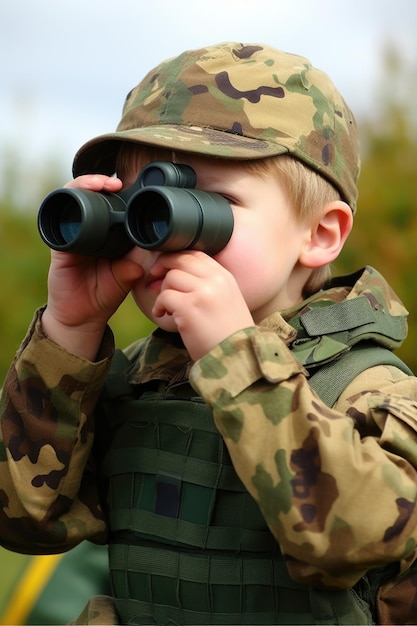 A young soldier enjoying some free time with his binoculars created with generative ai