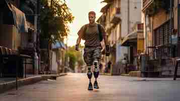 Photo young soldier with prosthetic legs walking confidently on a city street at sunset