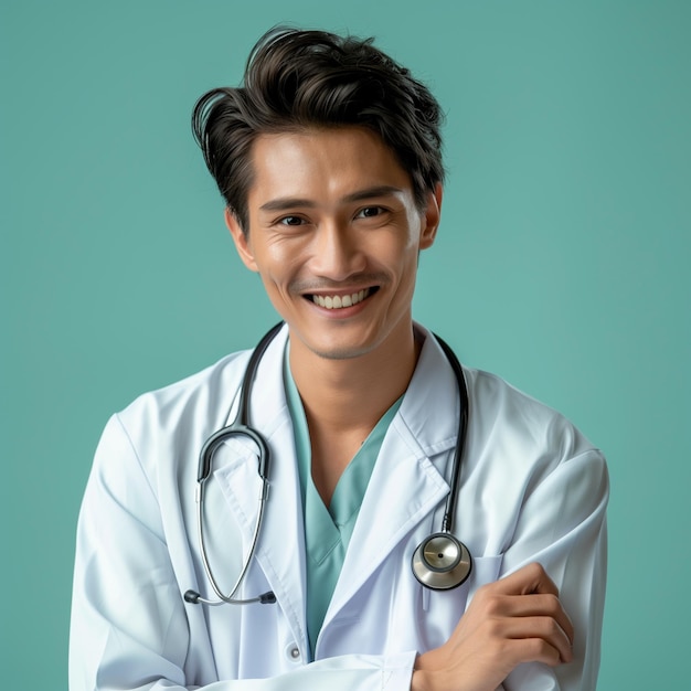 Young south east asian man wearing doctor coat and stethoscope happy face smiling