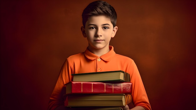 A Young Spanish boy holding a stack of books