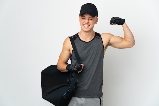 Young sport caucasian man with bag isolated