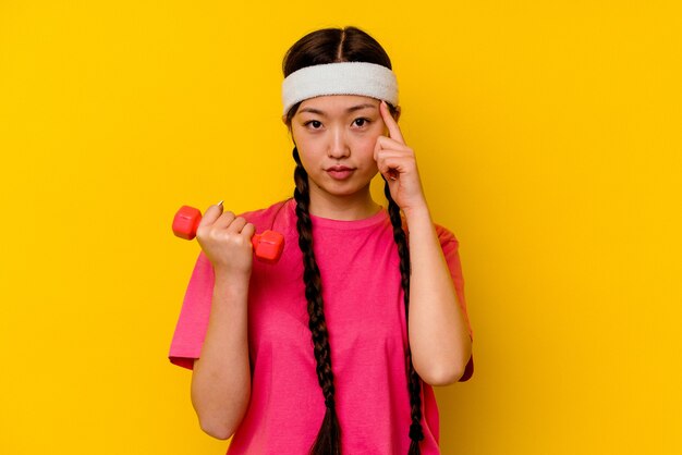 Молодая спортивная китаянка изолирована на желтом фоне, указывая висок пальцем, думая, сосредоточилась на задаче.
