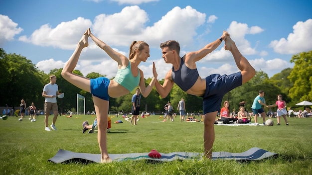 夏の公園でヨガ・フィットネスをしている若いスポーツカップル