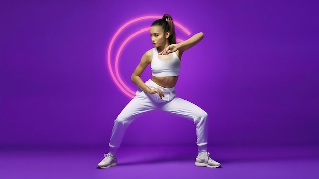 Young sportive girl in white stylish cloth dancing hiphop training isolated on purple bacground in