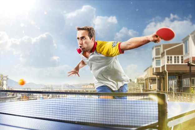 young sports man table tennis player is playing on light background