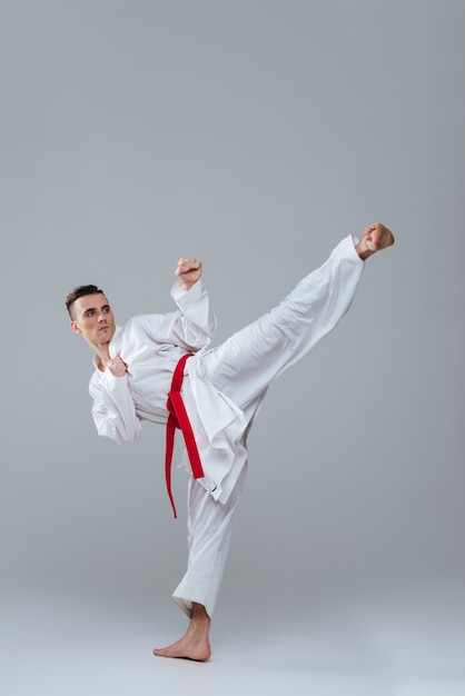 Young sportsman in kimono practice in karate isolated over grey background. Looking aside.