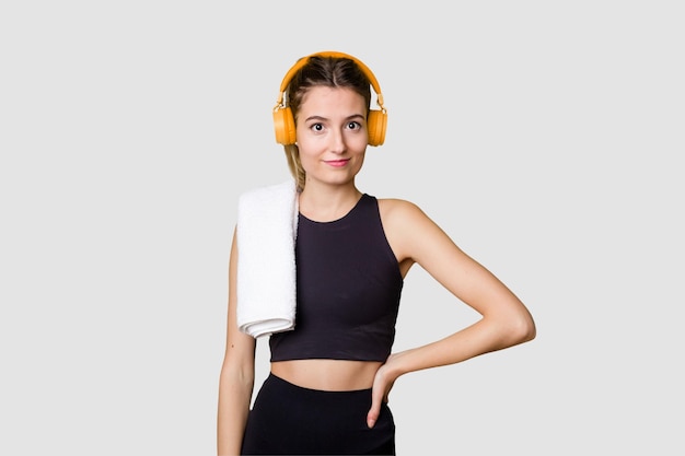 A young sportswoman enjoying music on her mobile phone fueled with motivation