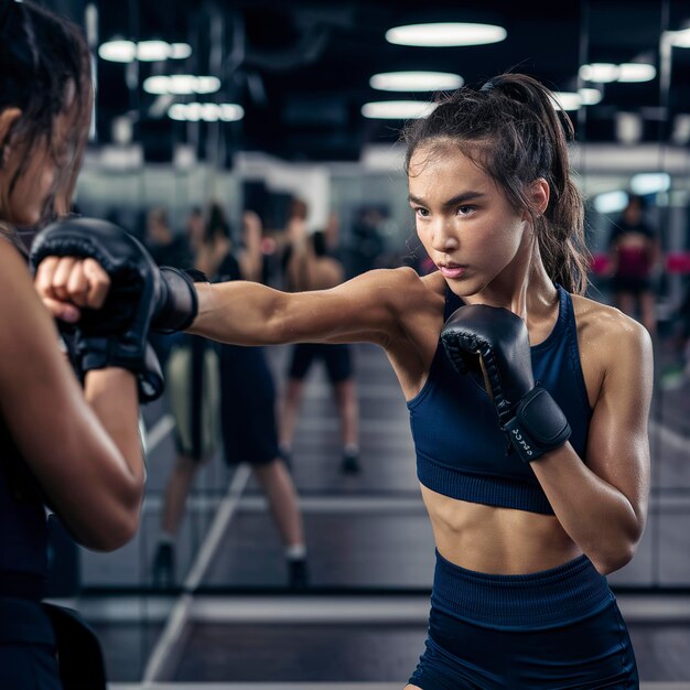 若い女性スポーツ選手がヘルスクラブで武術のトレーニング中にハンドパンチを練習している