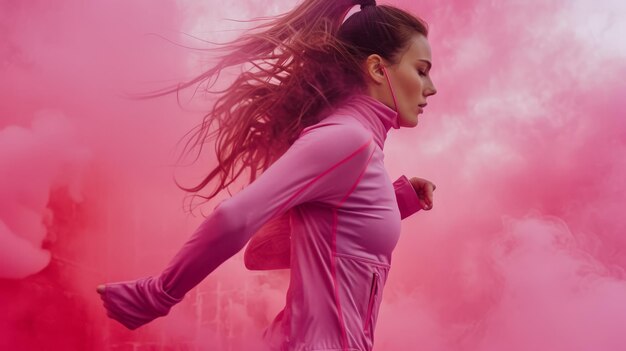 Foto giovane donna sportiva che corre nel fumo rosa