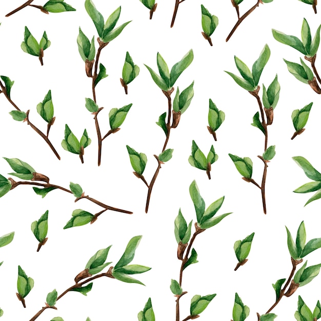 Young spring tree branches watercolor seamless pattern